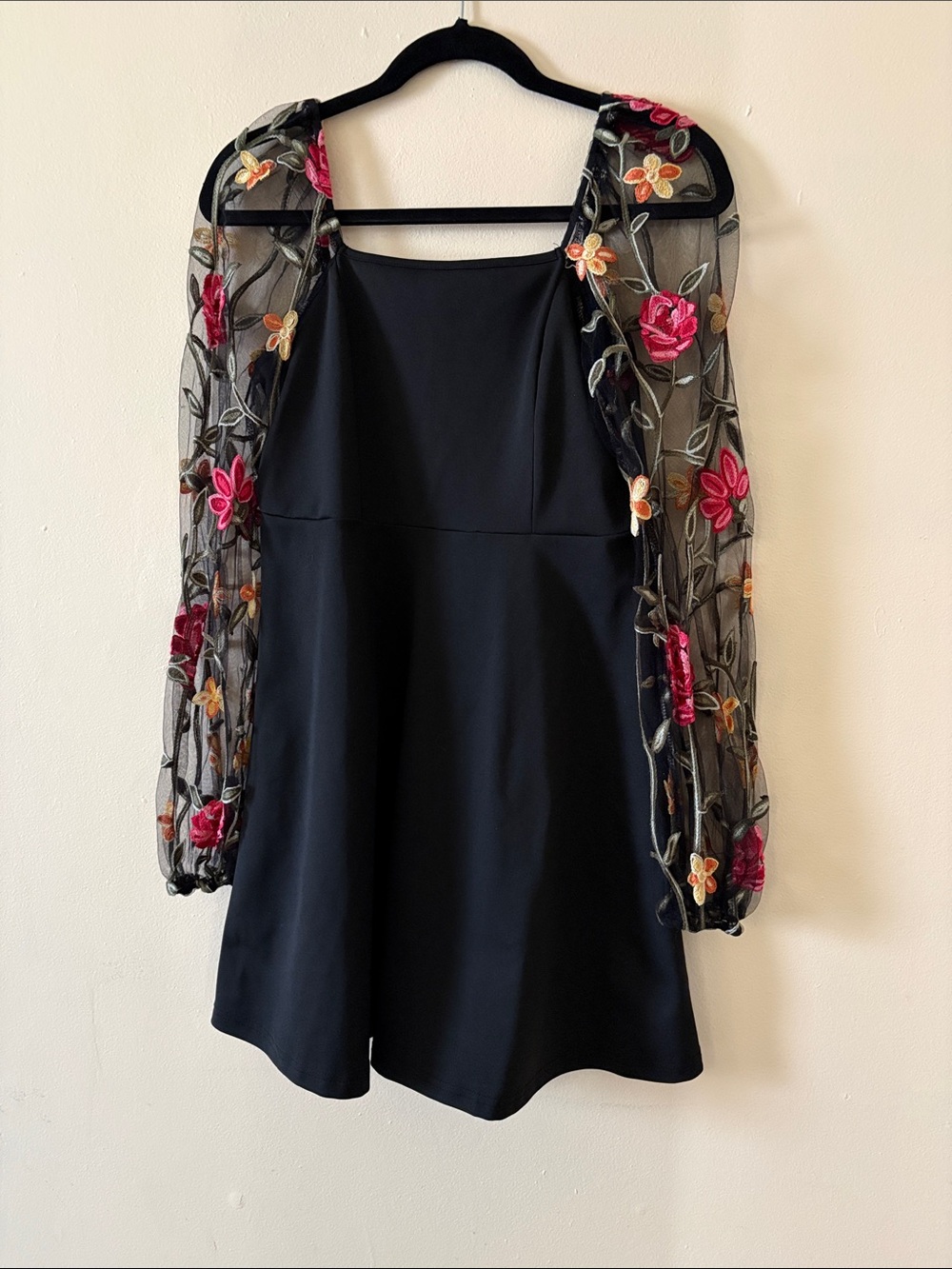 Black Dress with Floral Sheer Embroidered Sleeves